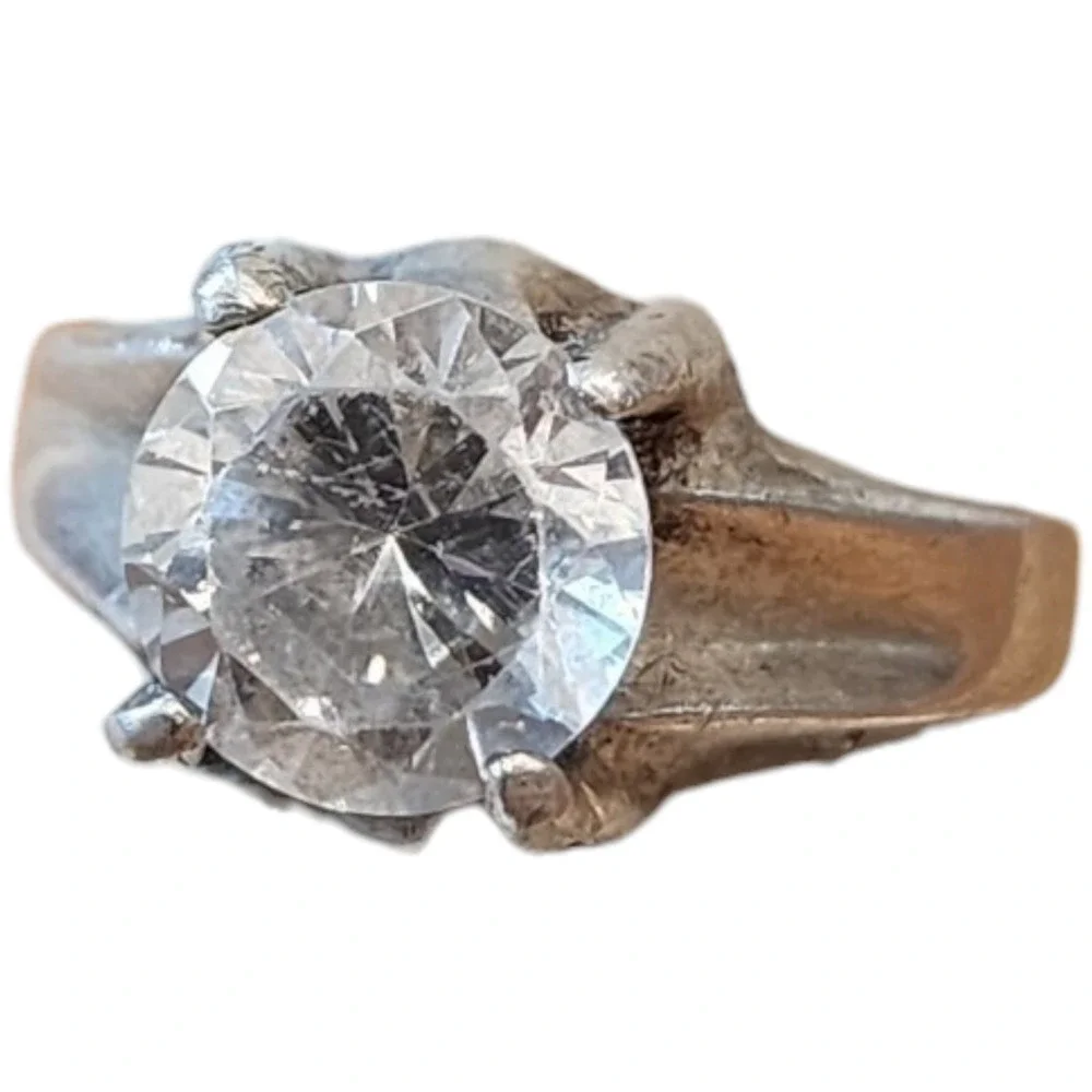 Vintage Mexico Cocktail Ring Sterling Silver 925 Size 5.75 Clear Cubic Zirconia